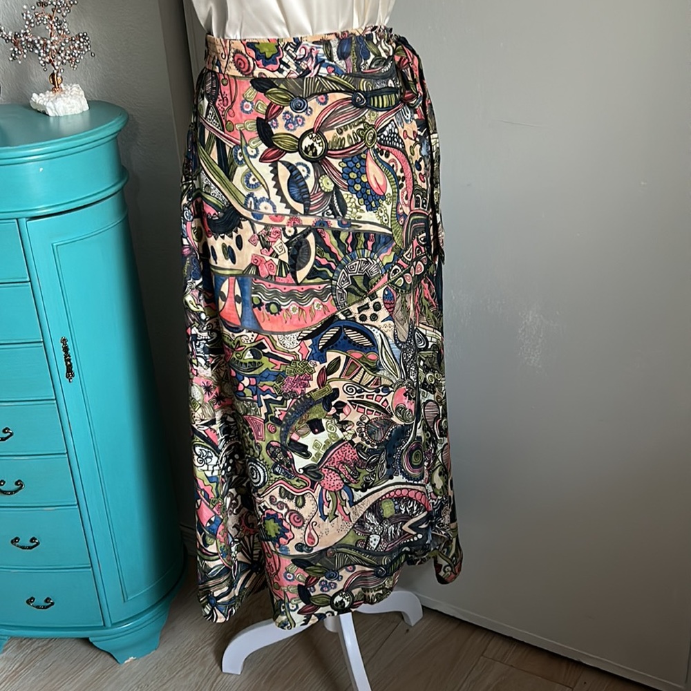 New Enze Apparel Multicolor Abstract Floral Paisley Faux Wrap Long Midi Skirt